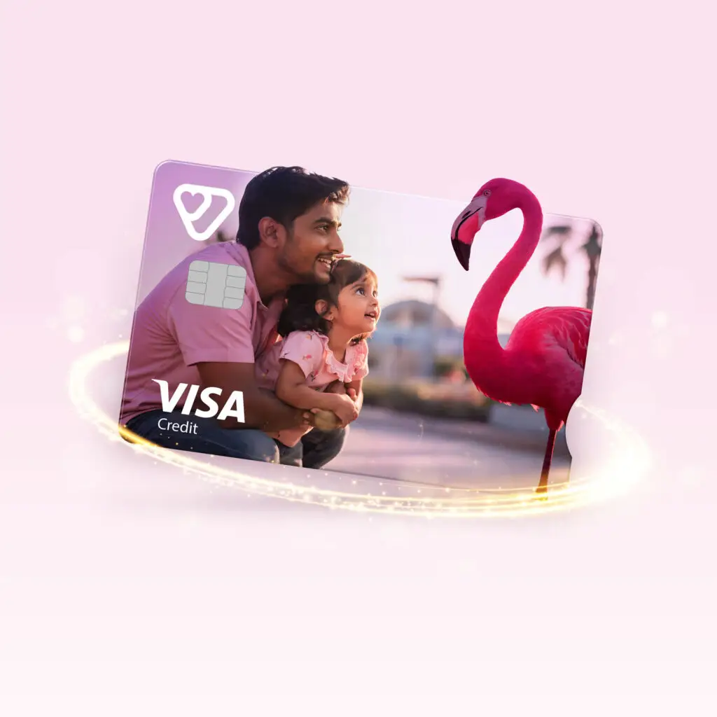 Credit card with the visual of family looking at a pink flamingo