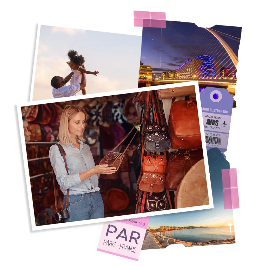 Postcards of people on holiday looking at souvenirs, on the beach and different sights